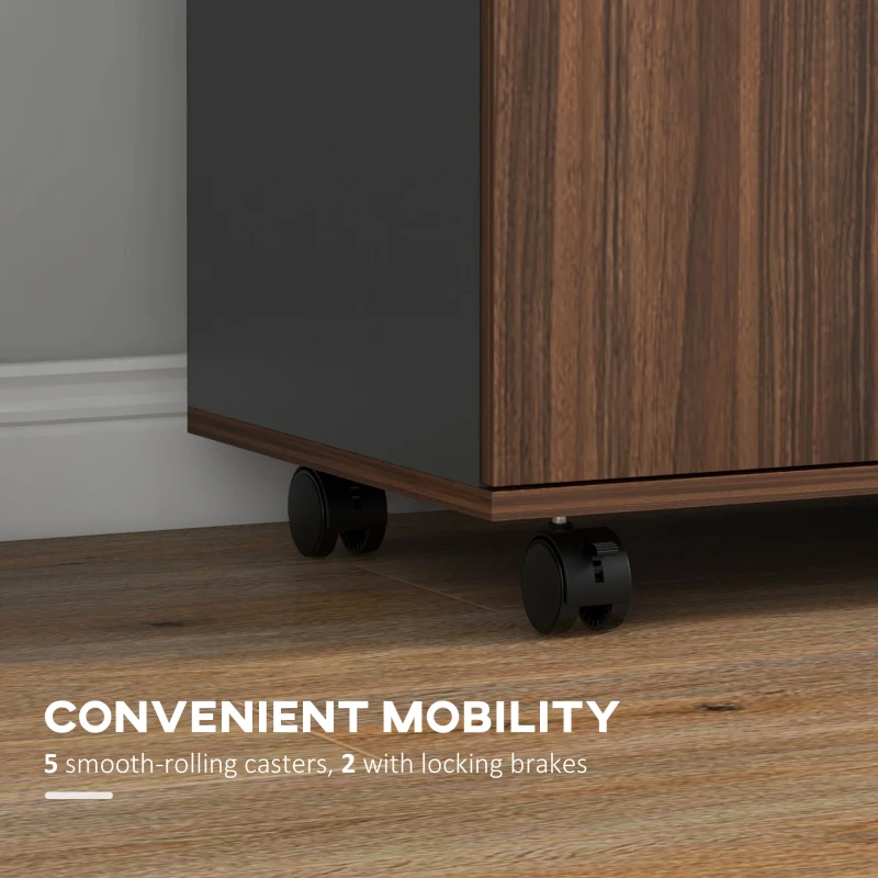 HOMCOM Lateral Filing Cabinet on Wheels, Mobile File Cabinet with Cabinet, Home Office Printer Stand with Casters and Open Compartments for Living Room, Walnut Brown,