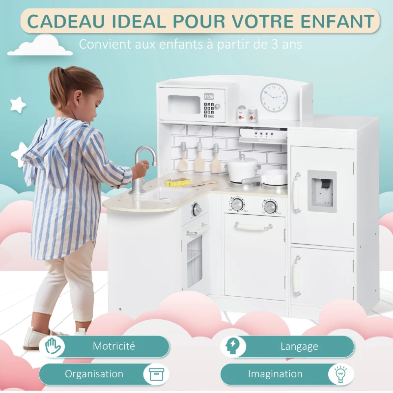 HOMCOM Cuisine Bois Jeu d'imitation - Cuisine Enfant 3+ Ans - Nombreux Accessoires & rangements Inclus - micro-ondes, hotte, évier avec robinet - MDF pin Blanc