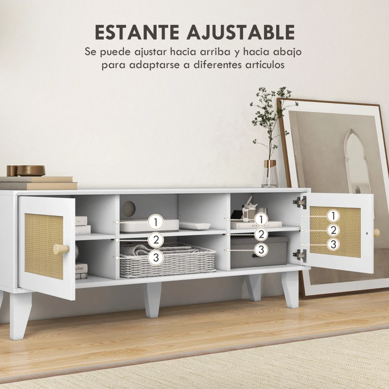 HOMCOM Mueble de TV de Salón Mesa para Televisores de hasta 55" con 2 Puertas de Ratán Estante Ajustable 120x35x46 cm Blanco