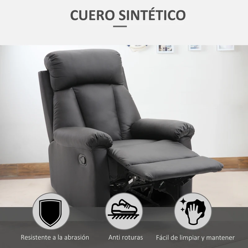HOMCOM Sillón Relax Reclinable Tapizado en PU Butaca de Salón con Reposapiés Retráctil Respaldo Alto Resposabrazos y Asiento Acolchados Grueso 80x97x107 cm Negro
