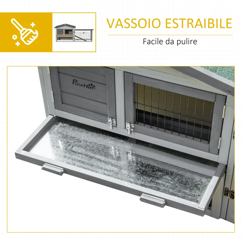 PawHut Conigliera a 2 Livelli in Legno d'Abete per Esterni con Tetto in Asfalto, 154.5x52.5x68.5cm, Grigio