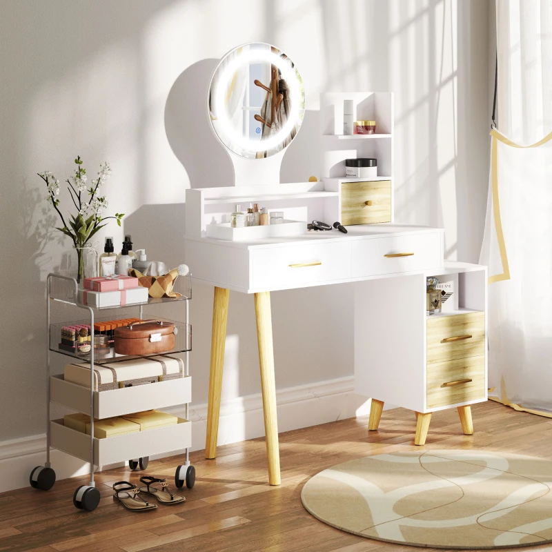 HOMCOM Coiffeuse avec miroir et tabouret table de maquillage luminosité réglable 5 tiroirs 4 compartiments1 étagère blanc