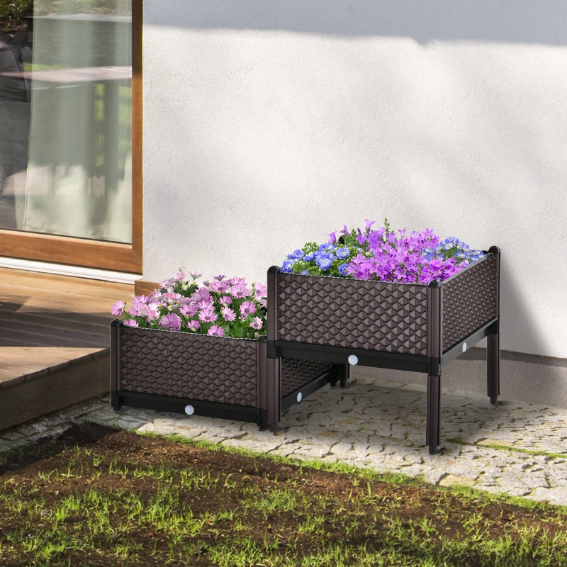Outsunny 50cm x 50cm x 46.5cm Set of 2 41L Plastic Raised Garden Bed, Planter Box, Flower Vegetables Planting Container with Self-Watering Design and Drainage Holes for Patio Balcony