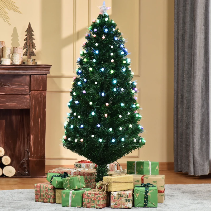 HOMCOM Albero di Natale Artificiale 150cm con 170 Luci LED e Fibre Ottiche, Albero di Natale con Luci Incorporate e 170 Rami e Base in Metallo Pieghevole, Verde