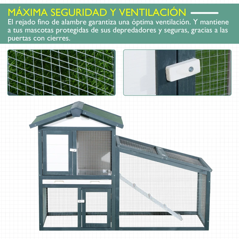 PawHut Conejera de Madera Exterior Jaula para Conejos de 2 Niveles con Bandeja Extraíble y Múltiples Entradas Techo de Asfalto Cobayas Gallinas 140x65x100 cm Verde