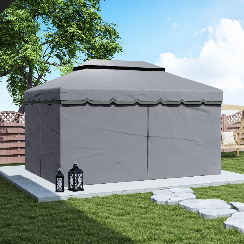 Outsunny Cenador para Jardín 4x3 m Pérgola de Jardín Gazebo con Doble Techo Paredes Laterales Anti-UV y Mosquiteras Gris