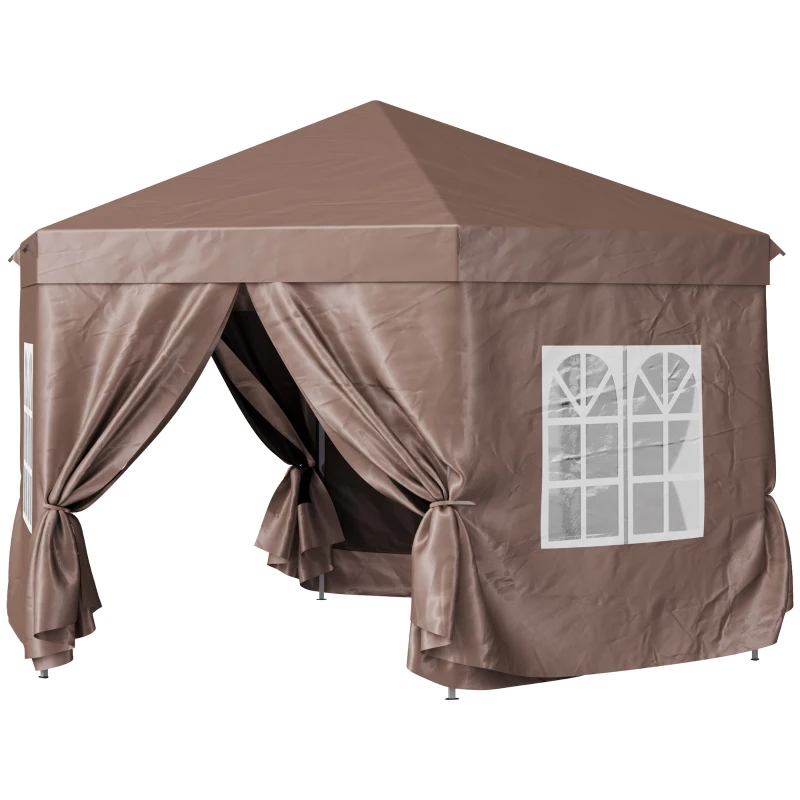 Outsunny 4x4m Hexagonal Pop up Gazebo, Garden Marquee Party Tent Wedding Canopy, Height Adjustable, with Storage Bag - Brown