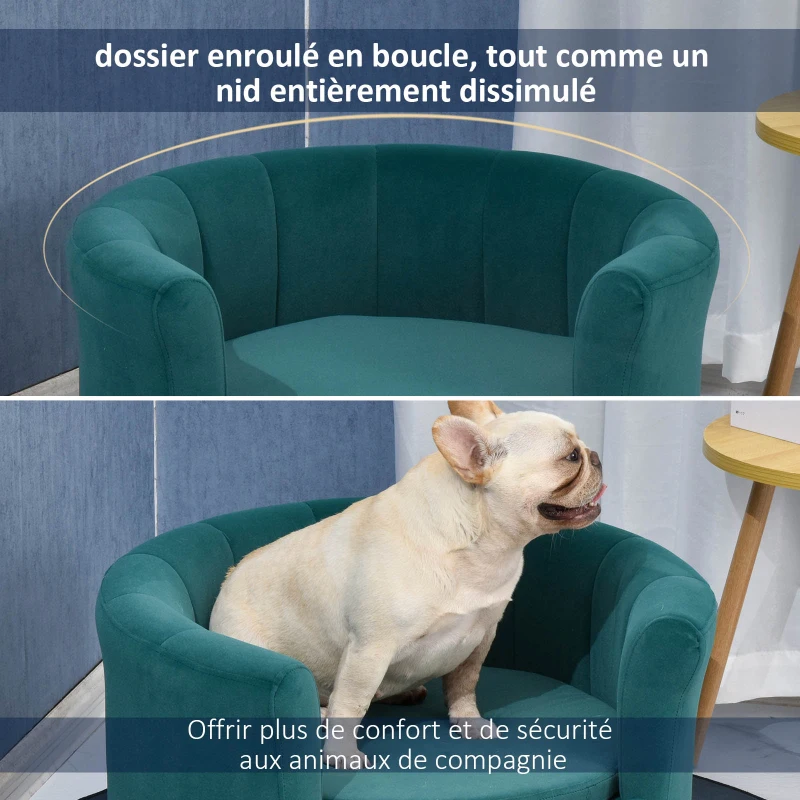 PawHut Canapé chien lit pour chien chat avec accoudoirs coussin moelleux pieds bois massif dim. 65 x 64 x 37 cm velours bleu canard