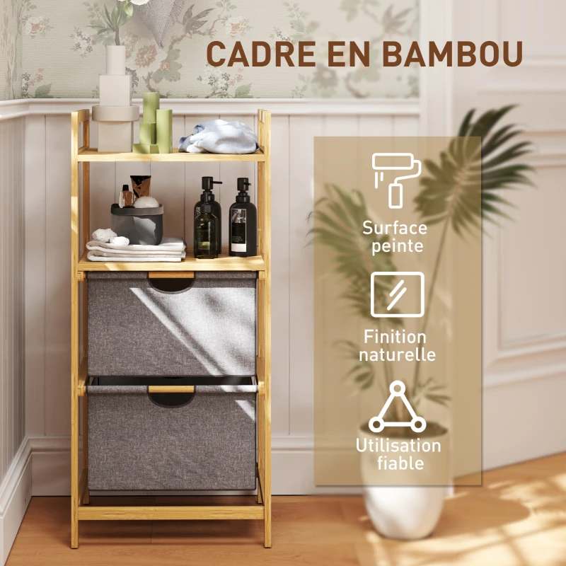 HOMCOM Panier à linge en bambou corbeille à linge sale avec 2 sacs en tissu coulissants et étagères ouvertes, naturel
