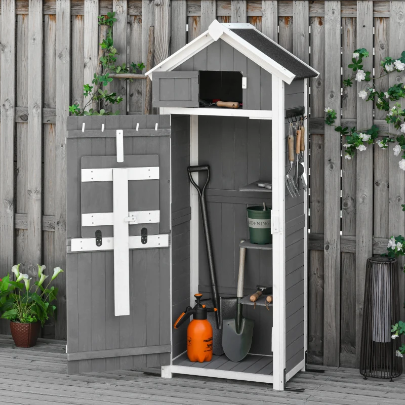 Outsunny Garden Wood Storage Shed with Workstation, Hooks and Ground Nails Multifunction  Lockable Sheds & Outdoor Storage Asphalt Roof Tool Organizer, 182 x 78 x 52.5cm, Grey