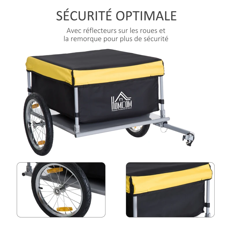 HOMCOM Remorque de transport vélo cargo capacité 70 L barre d'attelage incluse housse amovible 4 réflecteurs charge max. 40 Kg noir jaune