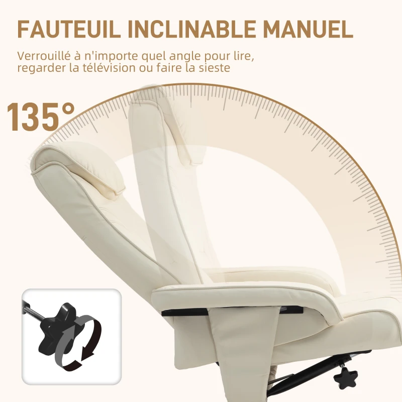 HOMCOM Fauteuil relax avec repose-pieds, dossier inclinable jusqu'à 135°, revêtement synthétique, blanc(m-4)