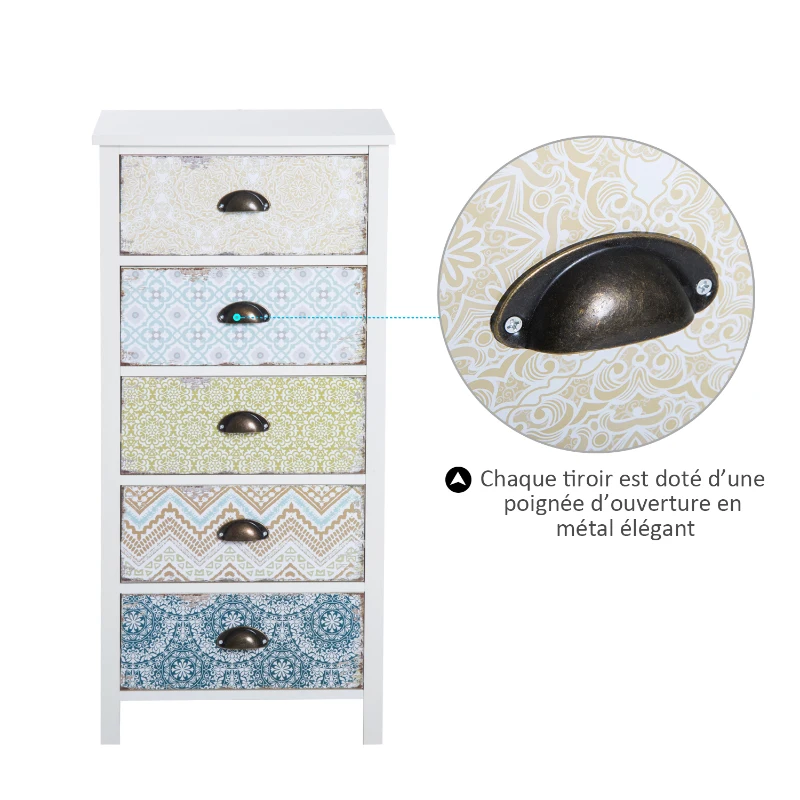 HOMCOM Chiffonnier style néo-rétro graphique 5 tiroirs blanc
