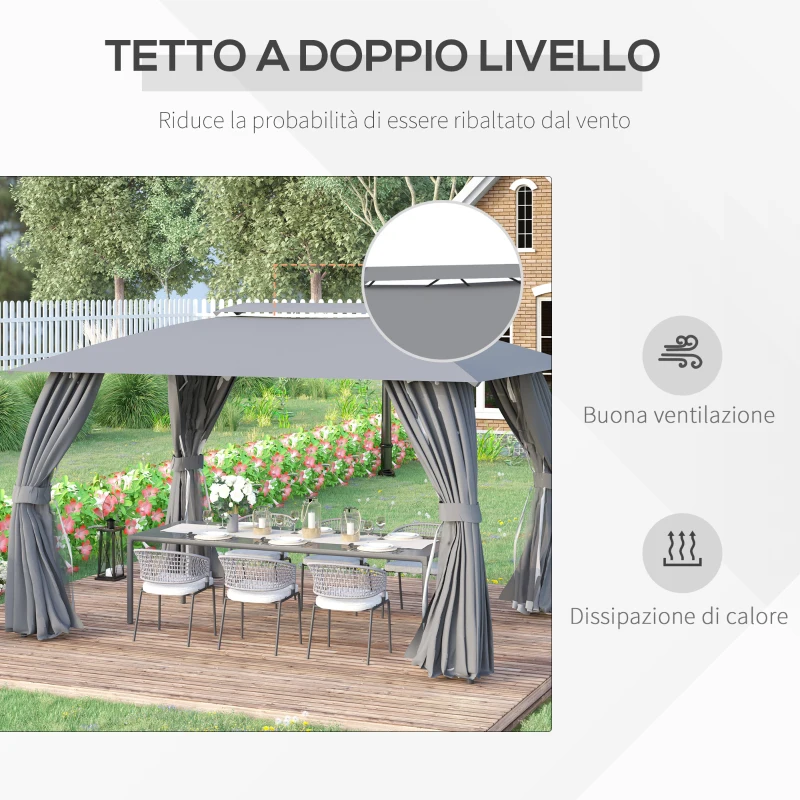 Outsunny Gazebo da Giardino 4x3m con Doppio Tettuccio, Pareti in Poliestere e Struttura in Acciaio, Grigio