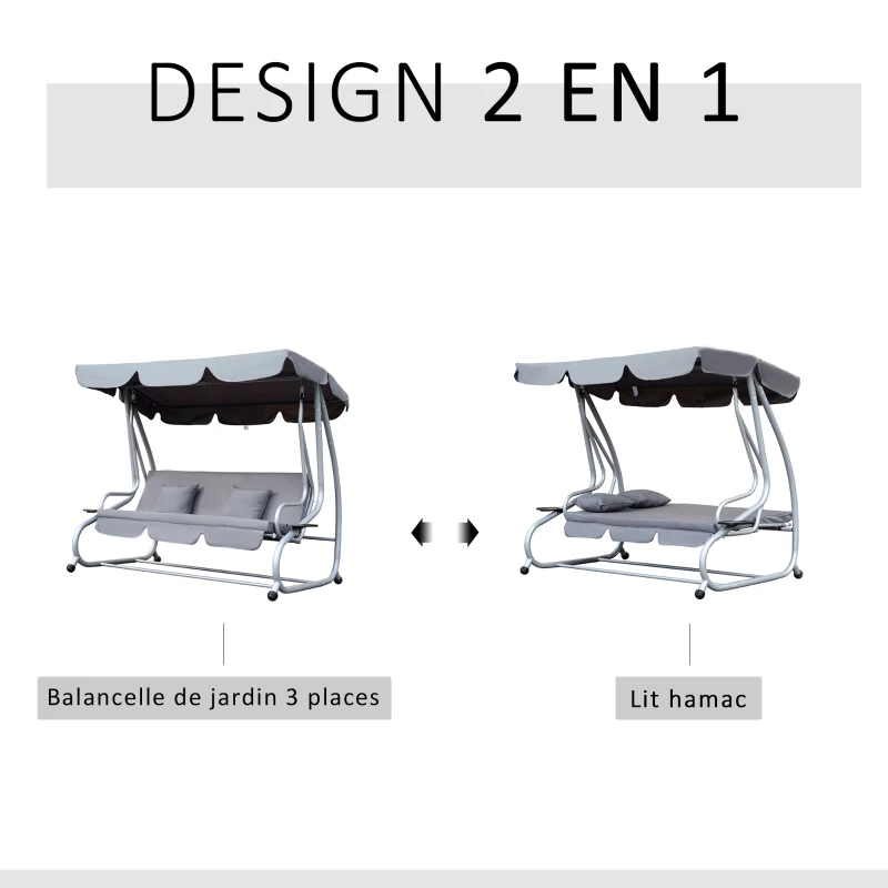 Outsunny Balancelle de Jardin 3 Places Convertible Toit Inclinaison réglable 2 tablettes Support 2L x 1,2l x 1,64H m métal époxy Noir Polyester gris clair