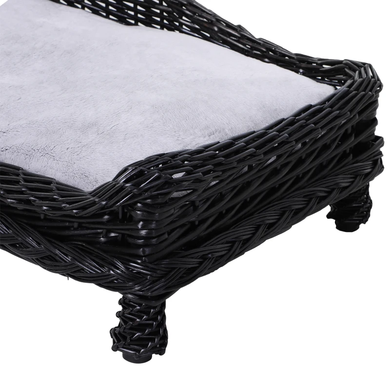 Pawhut Wicker Dog Cat Bed Kitten Lounger  Pet Bed Rattan Willow Basket Soft Cushion Lightweight 69 x 42 x 33 cm Black