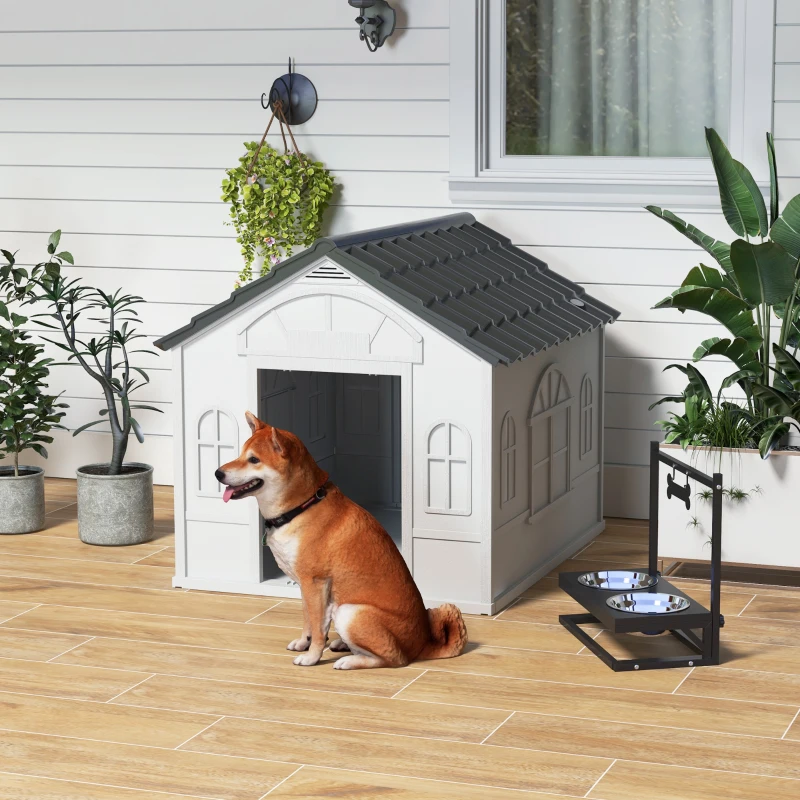 PawHut Plastic Weather-Resistant Dog House, for Indoors and Outdoors, Large Dogs - Grey