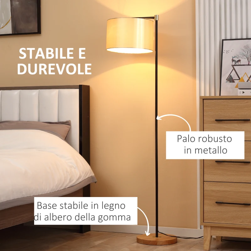 HOMCOM Lampada da Terra con Paralume in Tessuto e Base in Legno, Attacco E27, 48x32x152cm