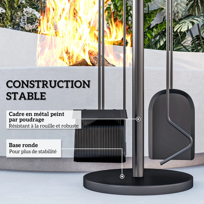 Outsunny Ensemble serviteur de cheminée, serviteur de cheminée à 5 pièces, balai pelle pince tisonnier et support, métal, noir