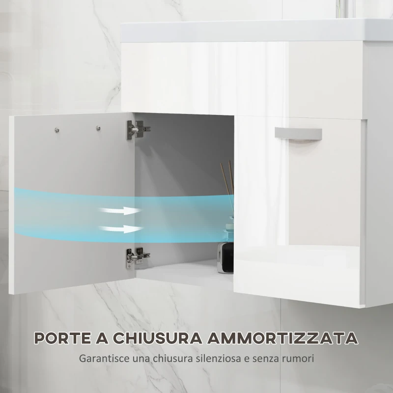 kleankin Mobile Bagno Sospeso con Lavabo, Armadietto a 2 Ante con Cerniere Ammortizzate, 61x40x50cm, Bianco Lucido