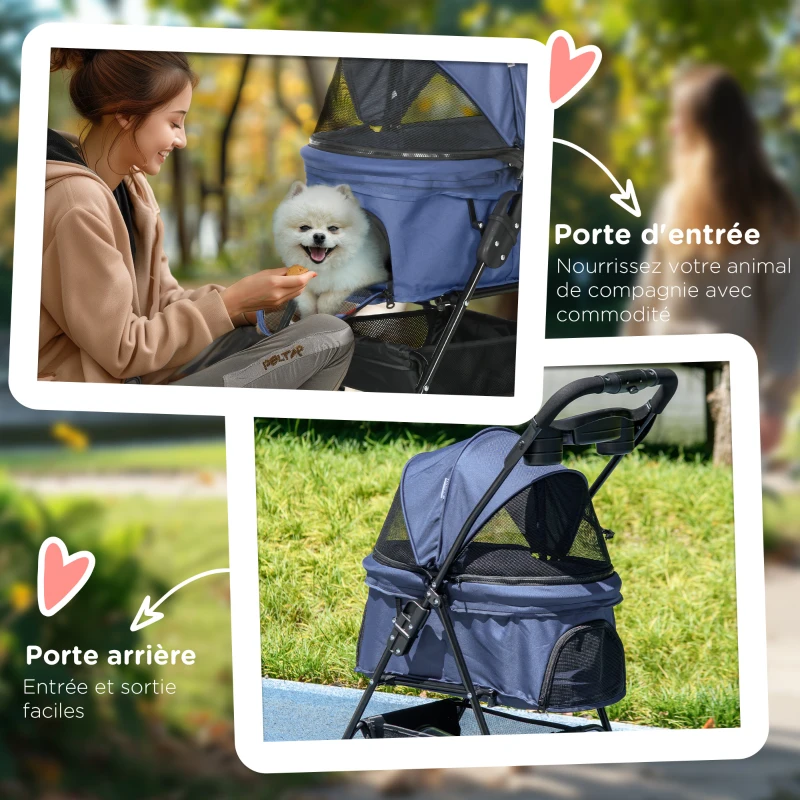 PawHut Poussette buggy pliable chien chat panier rangement porte-gobelets tissu 300D Oxford imperméable 4 roues bleu foncé