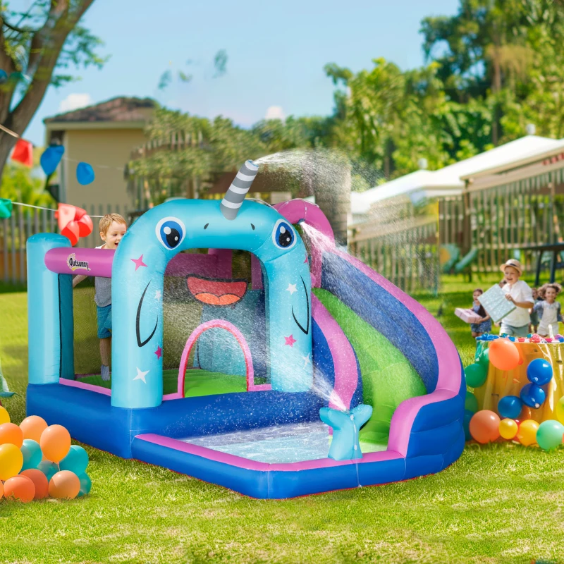 Outsunny Gioco Gonfiabile per Bambini 3-8 Anni a tema Narvalo con Borsa, 11 Paletti e Toppe Inclusi, 330x280x200 cm