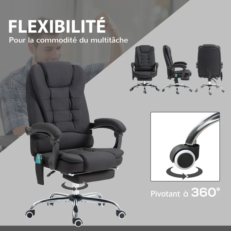 Vinsetto Fauteuil de bureau direction massant chauffant hauteur réglable dossier inclinable toile de lin noir