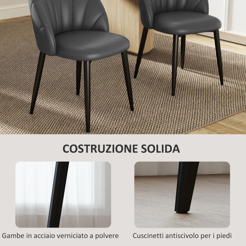 HOMCOM Set 2 Sedie da Pranzo in Pelle PU con Gambe in Metallo e Schienale a Conchiglia, Grigio Scuro