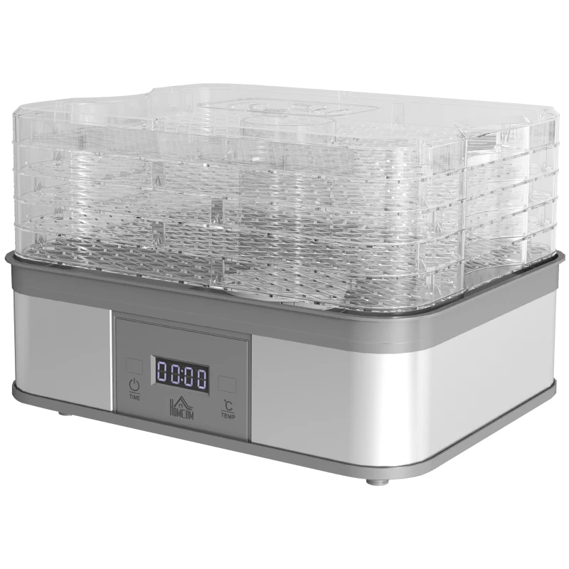 HOMCOM 5 Tier Food Dehydrator, 245W Stainless Steel Food Dryer Machine with Adjustable Temperature, Timer and LCD Display for Drying Fruit, Meat, Vegetable, Jerky and Pet Treat, Grey