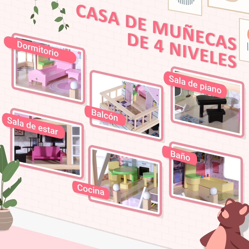 HOMCOM Casa de Muñecas Infantil con Muebles Casa de Muñecas de 4 Pisos con 13 Accesorios 60,5x30x80,5cm Rosa