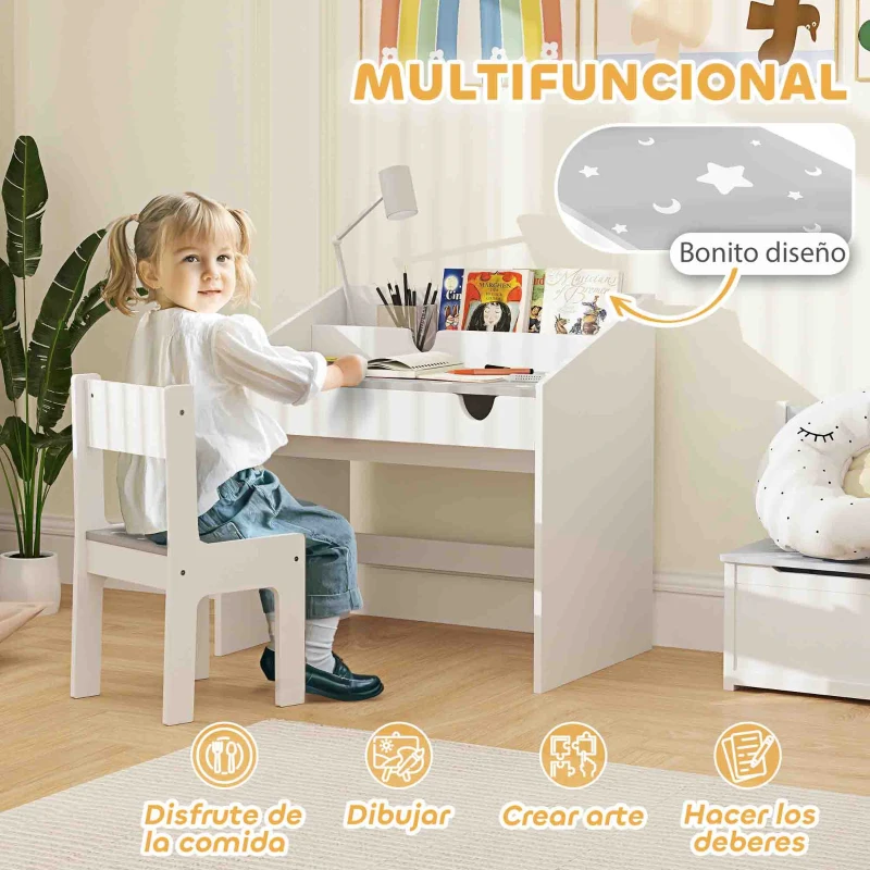 AIYAPLAY Juego de Escritorio y Silla para Niños de +3 Años con Cajón Extraíble y Compartimento Gris y Blanco