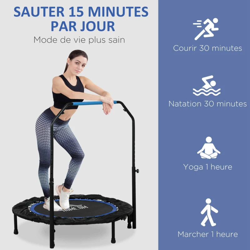 HOMCOM Trampoline de fitness gymnastique avec poignée réglable, pliable, 6 pieds, 28 ressorts Ø 102 cm, noir bleu