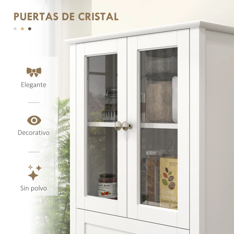 HOMCOM Alacena de Cocina Despensa Armario de Cocina con 2 Puertas de Vidrio Templado Cajón 61x35x168,5 cm Blanco(m-6)