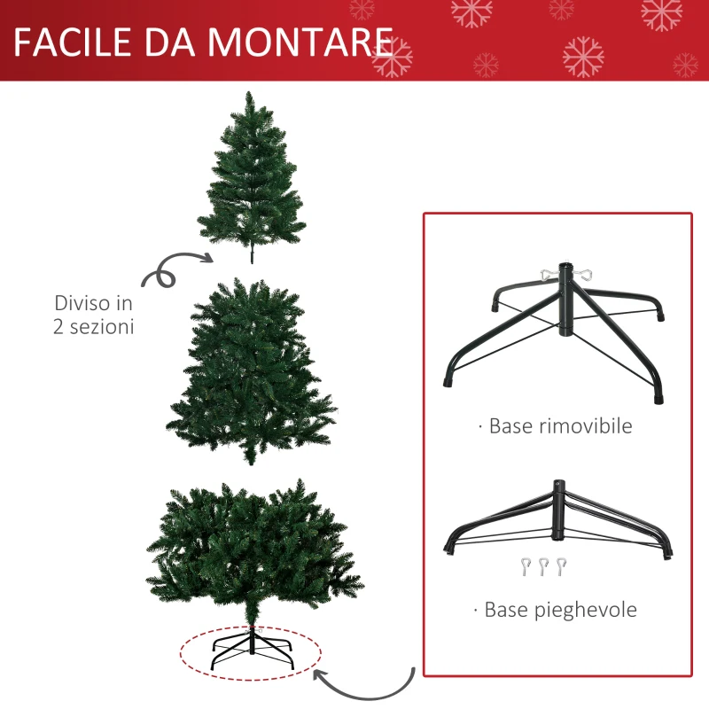 HOMCOM Albero di Natale 210cm Artificiale Pieghevole con Base Rimovibile, 1064 Rami, in PVC e Acciaio, Verde