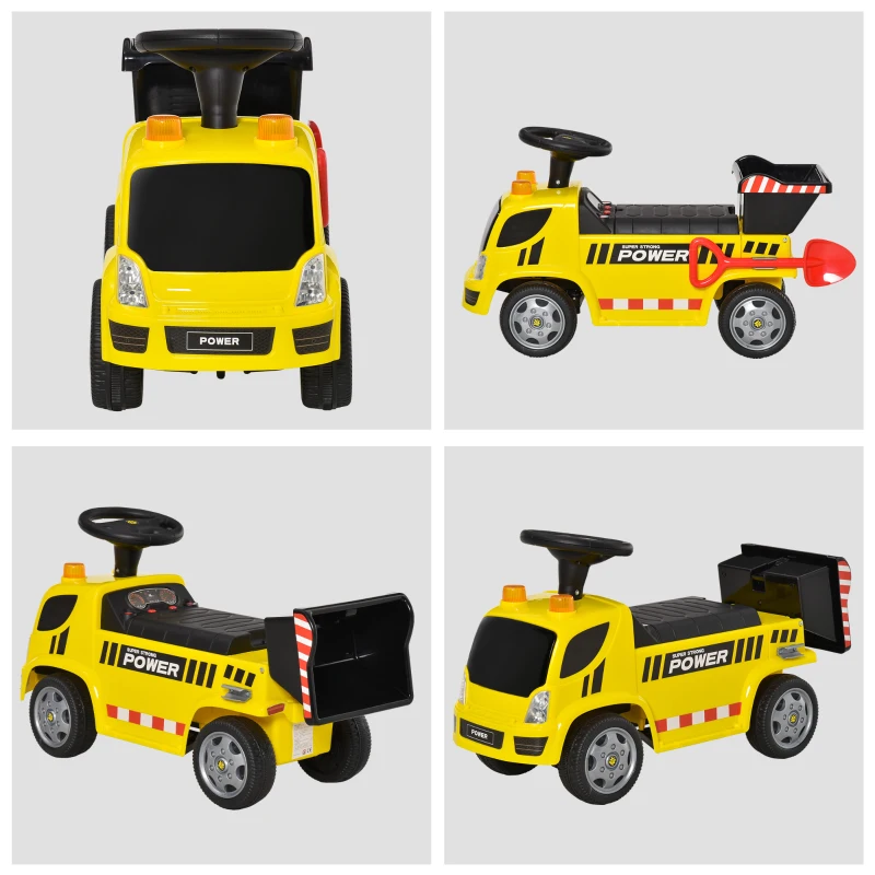 HOMCOM Coche Correpasillos para Bebés de +18 Meses Tipo Camión con Música Faros Caja Abatible y Pala Vehículo sin Pedales de Juguete 72x28,2x42 cm Amarillo