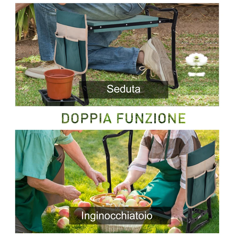 Outsunny Inginocchiatoio Panca da Giardino Pieghevole 2 in 1, Cuscini in EVA e Borsa Portaoggetti, Colore: Verde e Nero