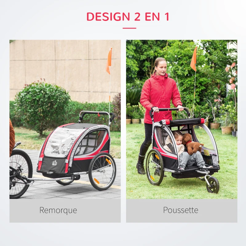 HOMCOM Remorque vélo pour enfant 2 en 1 convertible jogger poussette capacité 26,4 kg avec réflecteurs et drapeau - 2 places  - rouge