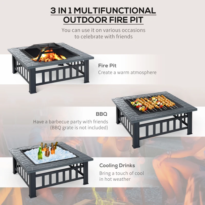 Outsunny Metal Large Firepit Outdoor Square Fire Pit Brazier with Rain Cover, Lid, Log Grate, Poker for Backyard, Camping, BBQ, Bonfire, Wood Burning Stove, 86 x 86 x 54cm, Black