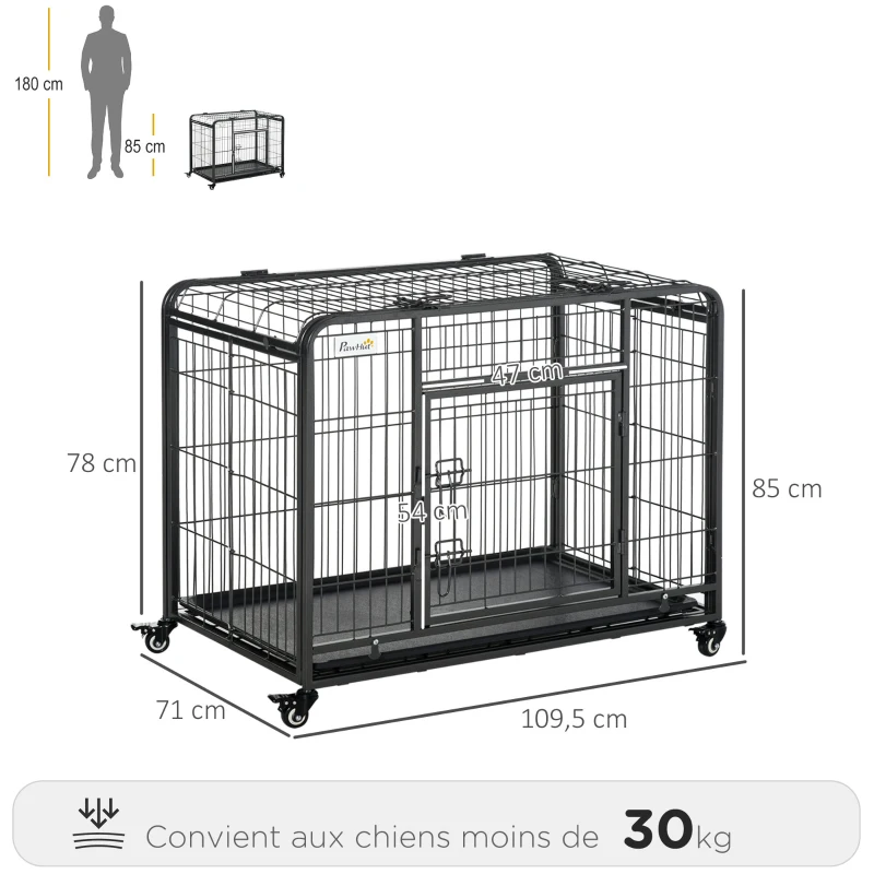 PawHut Cage pour chien pliable cage de transport sur roulettes 2 portes verrouillables plateau amovible dim. 109,5L x 71l x 78H cm métal gris foncé