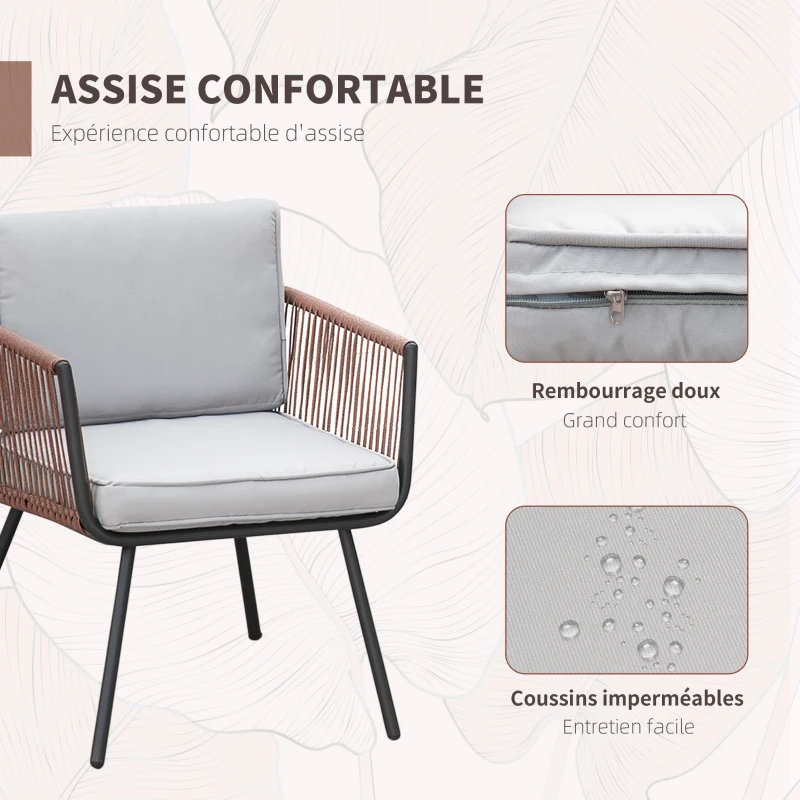Outsunny Ensemble de jardin en résine tressée 3 pièces cadre en acier 2 fauteuils + table basse coussins inclus teck gris orange