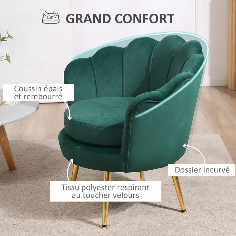 HOMCOM Fauteuil salon fauteuil en velours fauteuil coquillage avec pieds en métal doré pour chambre à coucher, vert foncé