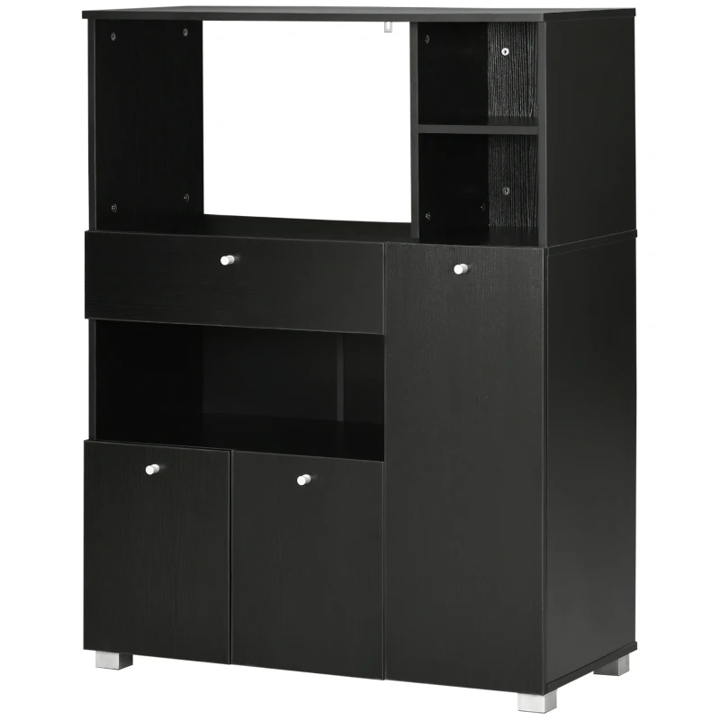 HOMCOM Mueble para Microondas con Cajón Estantes 3 Puertas 3 Compartimientos Diseño Anti-vuelco para Comedor 90x40x120 cm Negro