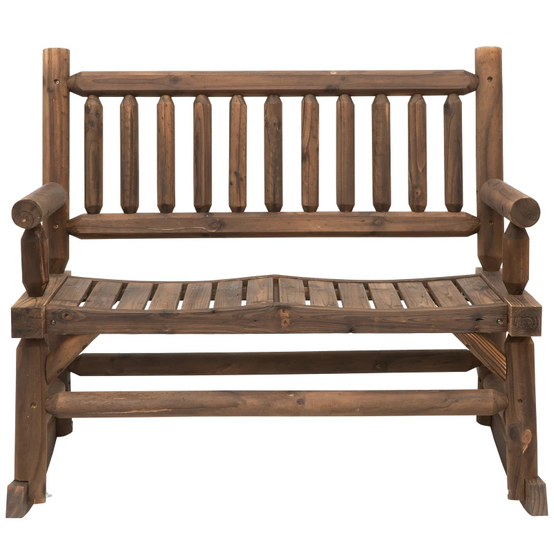 Outsunny Garden 2-Seater Rocking Bench Wood Frame Rough-Cut Log Loveseat Slatted High Back Rustic Style with Armrests Garden Outdoor Furniture - Dark Stain Brown