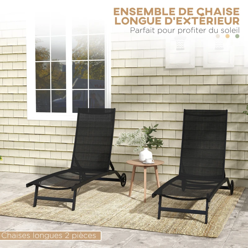 Outsunny Lot de 2 bains de soleil en aluminium et textilène avec roulettes dossier inclinable charge max. 150 Kg noir