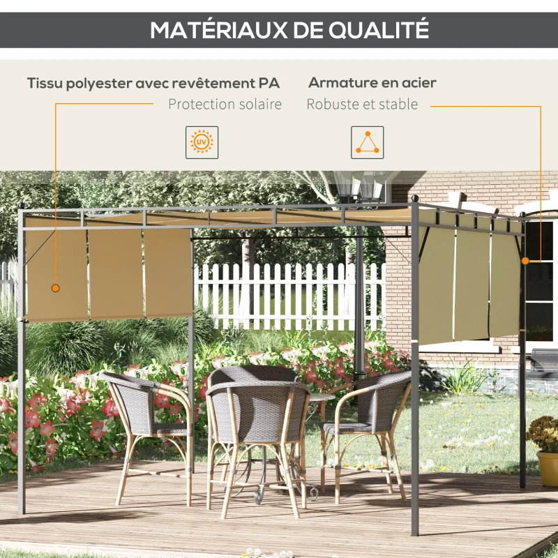 Outsunny Pergola avec 3 toiles rétractables 3L x 3l x 2,25H m structure acier - beige et noir