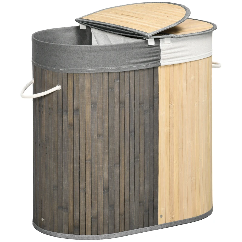 HOMCOM Cesto para Ropa Sucia de Bambú Capacidad de 100L Cesta para la Colada con 2 Compartimentos 62,5x37x60,5 cm Gris