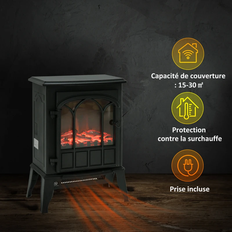 HOMCOM Cheminée électrique sur pied 1000/2000 W, fausse cheminée décorative avec effet flamme LED, protection contre la surchauffe, zone de couverture 15-30 m², noir