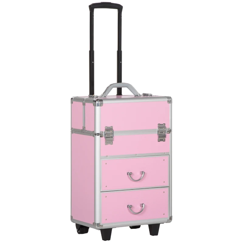 HOMCOM Valigetta Porta Trucchi Professionale, Trolley Make Up Rinforzato con Blocco a 2 Chiavi e Ruote, 36x23x58 cm, Rosa