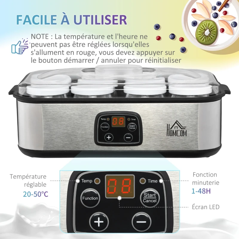 HOMCOM Yaourtière avec 8 pots en verre de 180ml, machine à yaourt électrique en acier inoxydable avec minuterie, thermostat réglable et affichage numérique pour des desserts maison sains