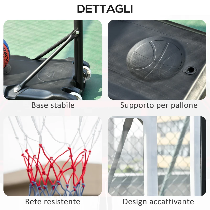 HOMCOM Canestro Basket Altezza Regolabile 160-210cm, Struttura in Acciaio e Base con Ruote, Tabellone in PE Trasparente